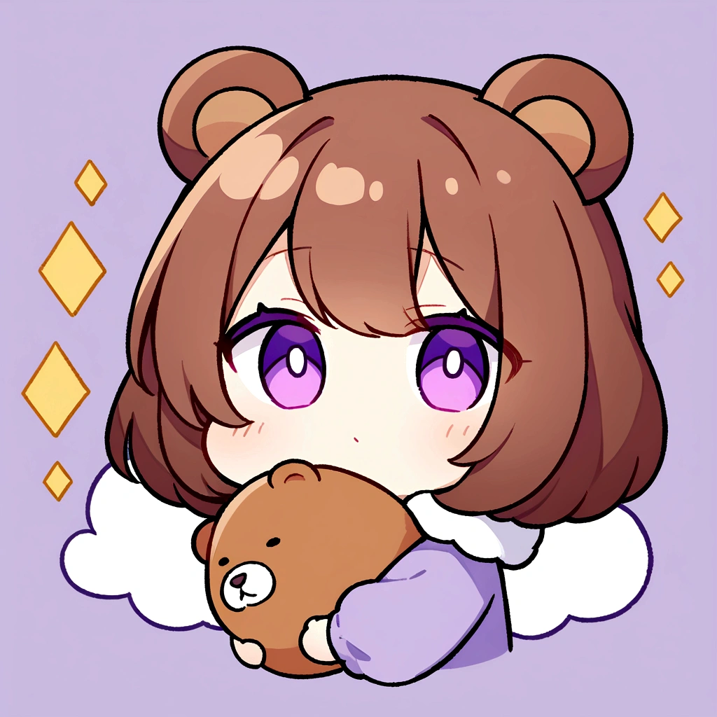 masterpiece, (Highest quality), ((Most detailed)), Bear Food、Brown Hair、Bear Foodを被る、whole body、Chibi Character、２Head to Body、茶色のBear Foodパーカーを被る、Bear Ears、Purple Eyes、Purple solid background、Illustration icon、Brown long hair、Fluffy hoodie、Wave、Bear Food付きブランケット、whole bodyモコモコの服、Holding a stuffed bear