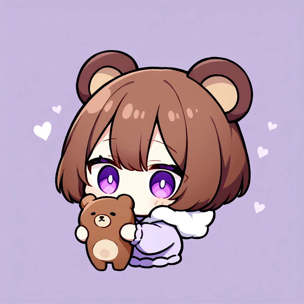 masterpiece, (Highest quality), ((Most detailed)), Bear Food、Brown Hair、Bear Foodを被る、whole body、Chibi Character、２Head to Body、茶色のBear Foodパーカーを被る、Bear Ears、Purple Eyes、Purple solid background、Illustration icon、Brown long hair、Fluffy hoodie、Wave、Bear Food付きブランケット、whole bodyモコモコの服、Holding a stuffed bear