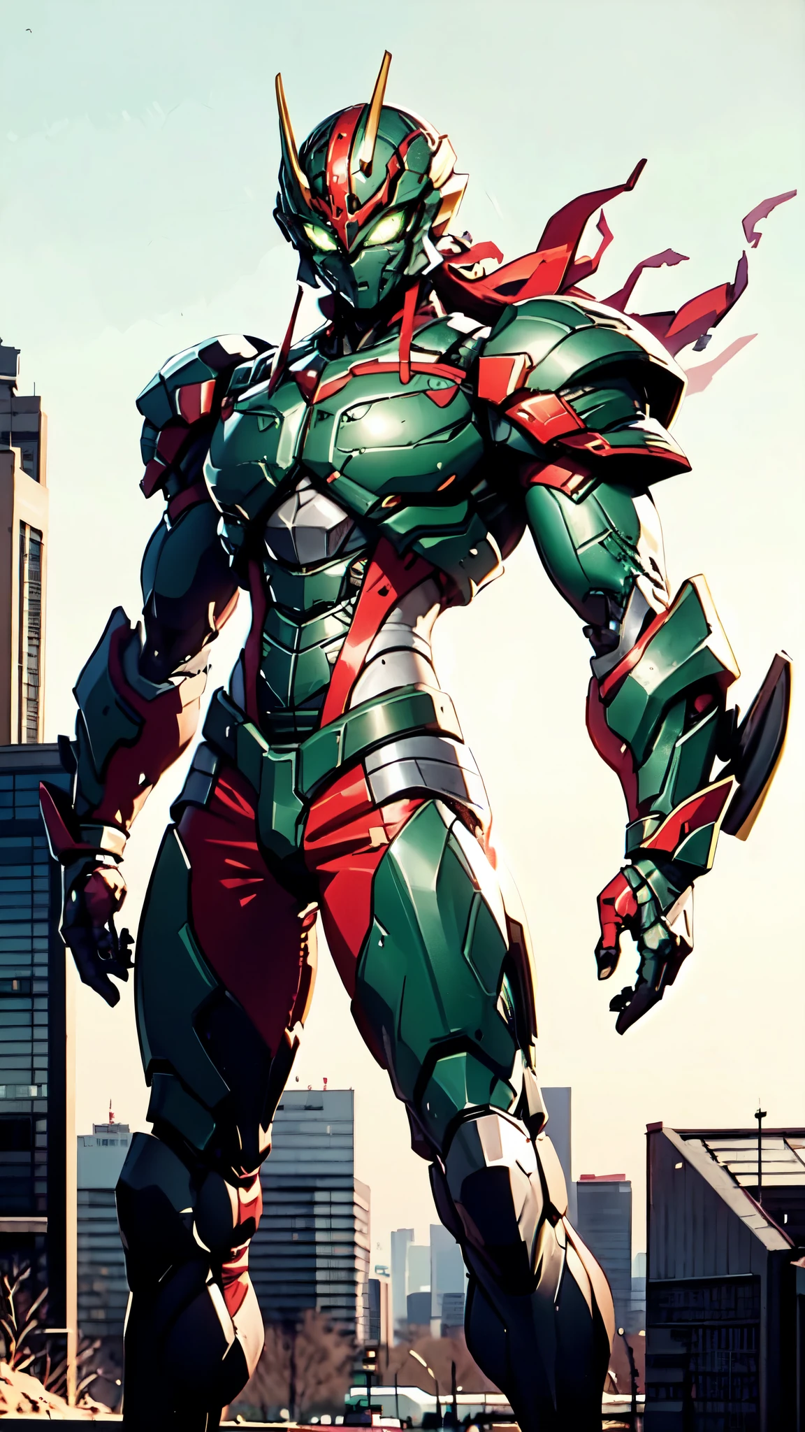 A man wearing a full-face helmet, a fantasy-style biotech armored combat suit, green eyes, (a composite layered chest armor), fully enclosed shoulder guards, matching arm and leg guards, the belt is adorned with dragon claw grasping orbs, (the color scheme is primarily black with red accents), the design balances heavy with agility, a high-tech bio-mecha armor, (Armor Concept Inspired by Dragons, stand on the top of a skyscraper in a futuristic sci-fi city), this character embodies a finely crafted fantasy-surreal style armored hero in anime style, exquisite and mature manga art style, (element, plasma, energy, the armor glows), ((male:1.5)), metallic, real texture material, dramatic, high definition, best quality, highres, ultra-detailed, ultra-fine painting, extremely delicate, professional, perfect body proportions, golden ratio, anatomically correct, symmetrical face, extremely detailed eyes and face, high quality eyes, creativity, RAW photo, UHD, 32k, Natural light, cinematic lighting, masterpiece-anatomy-perfect, masterpiece:1.5