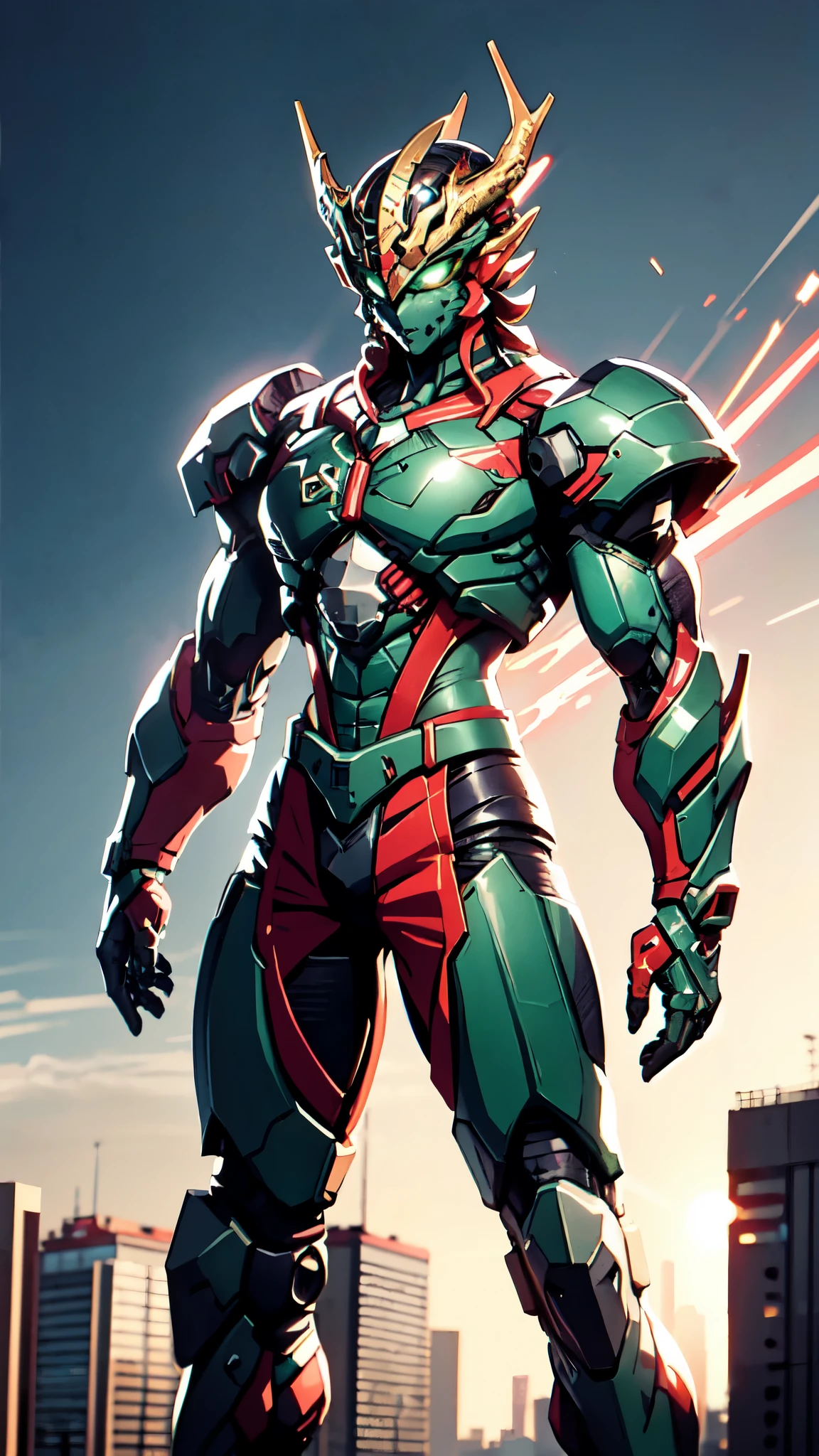 A man wearing a full-face helmet, a fantasy-style biotech armored combat suit, green eyes, (a composite layered chest armor), fully enclosed shoulder guards, matching arm and leg guards, the belt is adorned with dragon claw grasping orbs, (the color scheme is primarily black with red accents), the design balances heavy with agility, a high-tech bio-mecha armor, (Armor Concept Inspired by Dragons, stand on the top of a skyscraper in a futuristic sci-fi city), this character embodies a finely crafted fantasy-surreal style armored hero in anime style, exquisite and mature manga art style, (element, plasma, energy, the armor glows), ((male:1.5)), metallic, real texture material, dramatic, high definition, best quality, highres, ultra-detailed, ultra-fine painting, extremely delicate, professional, perfect body proportions, golden ratio, anatomically correct, symmetrical face, extremely detailed eyes and face, high quality eyes, creativity, RAW photo, UHD, 32k, Natural light, cinematic lighting, masterpiece-anatomy-perfect, masterpiece:1.5