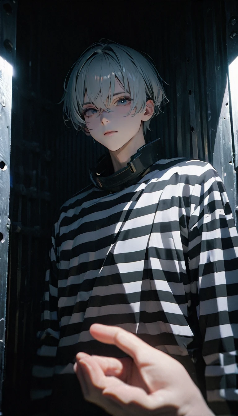 (8K, RAW photos, best quality, masterpiece: 1.4), (((Boy looking at his palm)))，Ultra-high resolution, Extremely detailed, light, Upper body close-up, handsome boy, black eyes, (delicate eyes, Eyes are bright:1.2), Gray short hair, Fair skin,dark, Black and white striped prison uniform,Black and white striped prison pants,(perfect anatomy:1.2), High-quality shadows, Natural Lighting, (White highlights:1.2), night, cloudy day, (Dark room:1.2), (The prison is surrounded by steel walls.:1.2)