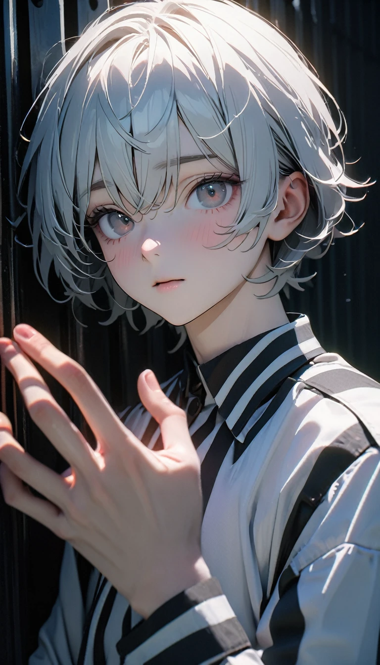 (8K, RAW photos, best quality, masterpiece: 1.4), (((Boy looking at his palm))),Ultra-high resolution, Extremely detailed, light, Upper body close-up, handsome boy, black eyes, (delicate eyes, Eyes are bright:1.2), Gray short hair, Fair skin,dark, Black and white striped prison uniform,Black and white striped prison pants,(perfect anatomy:1.2), High-quality shadows, Natural Lighting, (White highlights:1.2), night, cloudy day, (Dark room:1.2), (The prison is surrounded by steel walls.:1.2)