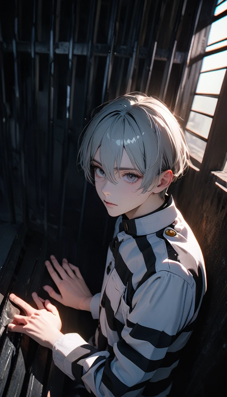 (8K, RAW photos, best quality, masterpiece: 1.4), (((The boy sighed))),Ultra-high resolution, Extremely detailed, Dim Lights, Upper body close-up, handsome boy, black eyes, (delicate eyes, Eyes are bright:1.2), Gray short hair, Fair skin,dark, Black and white striped prison uniform,Black and white striped prison pants,(perfect anatomy:1.2), High-quality shadows, Natural Lighting, (White highlights:1.2), night, cloudy day, (Dimly lit cells:1.2), (Metal walls all around:1.2)