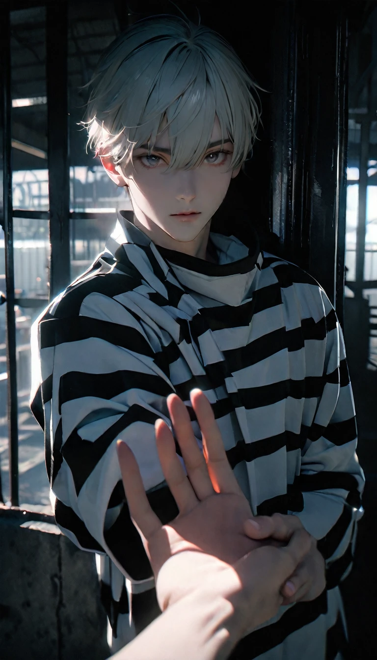 (8K, RAW photos, best quality, masterpiece: 1.4), (((Boy looking at his palm)))，Ultra-high resolution, Extremely detailed, light, Upper body close-up, handsome boy, black eyes, (delicate eyes, Eyes are bright:1.2), Gray short hair, Fair skin,dark, Black and white striped prison uniform,Black and white striped prison pants,(perfect anatomy:1.2), High-quality shadows, Natural Lighting, (White highlights:1.2), night, cloudy day, (Dark room:1.2), (The prison is surrounded by steel walls.:1.2)