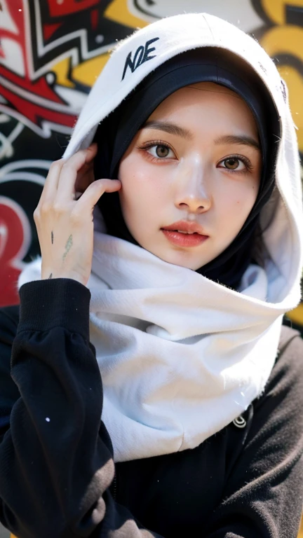 ,1girl, solo, pretty face, eyelashes, nose, glossy lips, (detailed eyes, looking at viewer, fair skin, white skin: 1.5), smooth skin, wearing hijab, 8k portrait of beauty in hijab, intricate, graceful, highly detailed, majestic, digital photography, hyper realistic, Masterpiece, Best Quality, All parts of the body except the face and hands are covered with clothing, Tudung, ((do not let the hair come out of the hijab)), full hijab, ((all parts of the body covered by clothes except the face)), Best Quality, (graffiti:1.5), paint splatter, jacket, On wall, paint can, looking at viewer, head slanted, clothing color (Wear a hooded military uniform), cyberpunk city