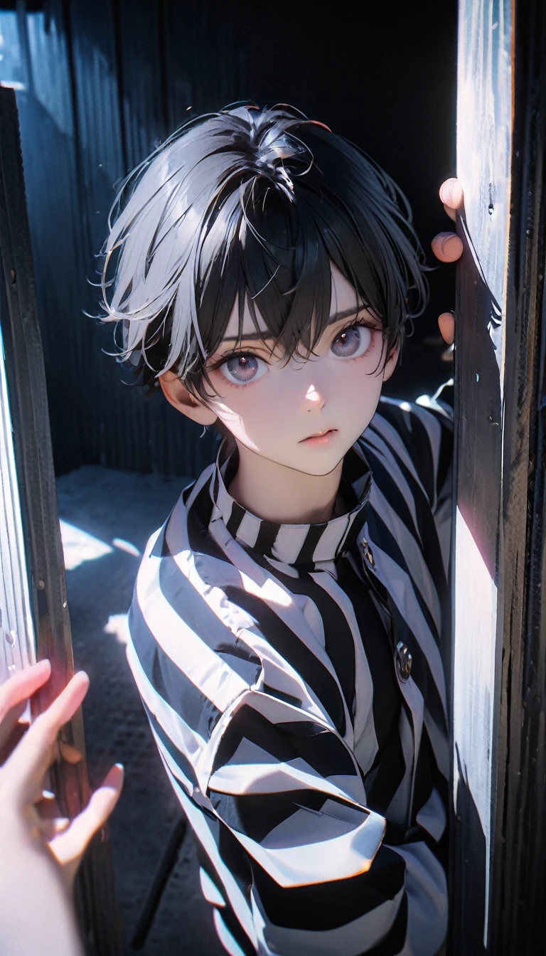 (8K, RAW photos, best quality, masterpiece: 1.4), (((Boy looking at his palm))),Ultra-high resolution, Extremely detailed, light, Upper body close-up, handsome boy, black eyes, (delicate eyes, Eyes are bright:1.2), Gray short hair, Fair skin,dark, Black and white striped prison uniform,Black and white striped prison pants,(perfect anatomy:1.2), High-quality shadows, Natural Lighting, (White highlights:1.2), night, cloudy day, (Dark room:1.2), (The prison is surrounded by steel walls.:1.2)