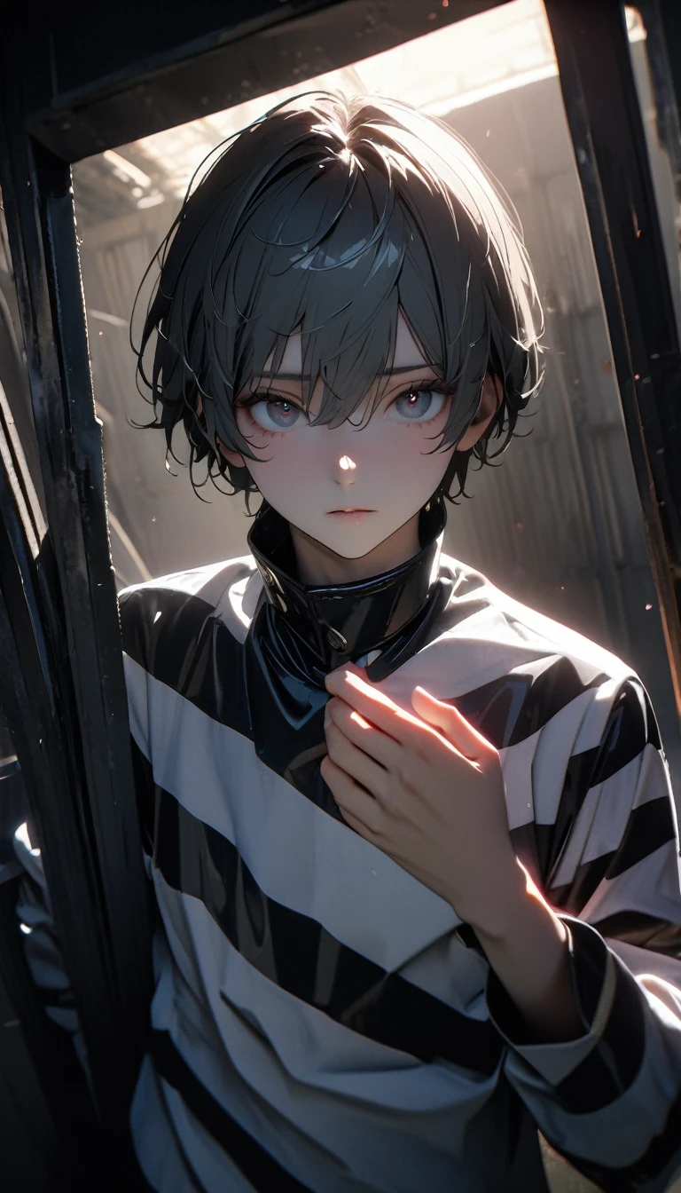 (8K, RAW photos, best quality, masterpiece: 1.4), (((Boy looking at his palm))),Ultra-high resolution, Extremely detailed, light, Upper body close-up, handsome boy, black eyes, (delicate eyes, Eyes are bright:1.2), Gray short hair, Fair skin,dark, Black and white striped prison uniform,Black and white striped prison pants,(perfect anatomy:1.2), High-quality shadows, Natural Lighting, (White highlights:1.2), night, cloudy day, (Dark room:1.2), (The prison is surrounded by steel walls.:1.2)