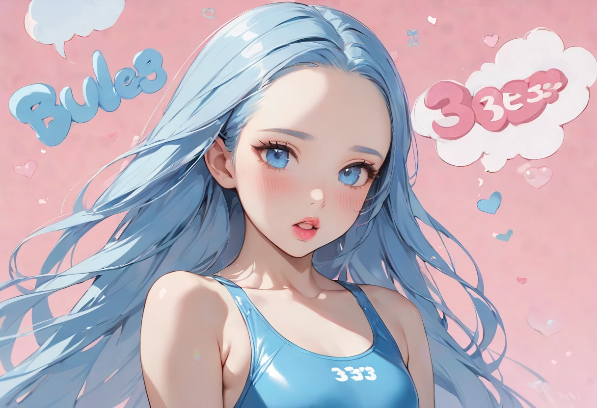 (Characters appear word of "33333"), (solo:2, 15 yo forehead blue hair long hair cute girl, lovely blue eyes, cute open mouth, pink lips), in a One piece swimsuit, BREAK, perfect anatomy, masterpiece, best quality, 16k, beautiful detailed grow, daydreaming expression.
