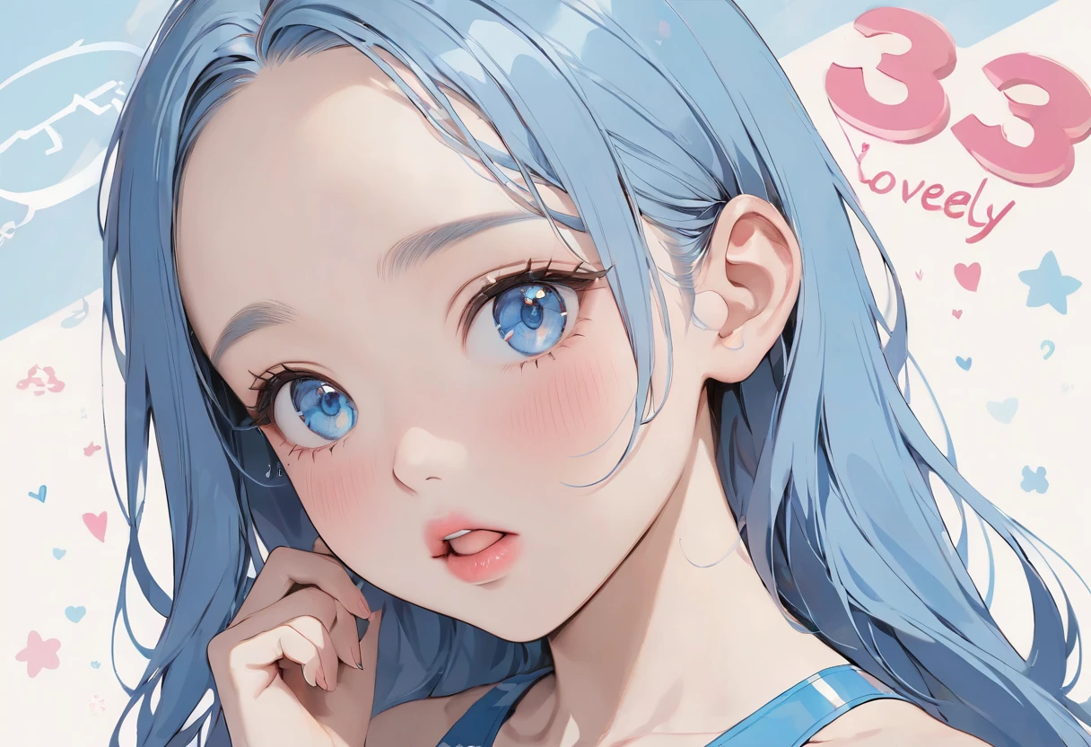 (Characters appear word of "33333"), (solo:2, 15 yo forehead blue hair long hair cute girl, lovely blue eyes, cute open mouth, pink lips), in a One piece swimsuit, BREAK, perfect anatomy, masterpiece, best quality, 16k, beautiful detailed grow, daydreaming expression.