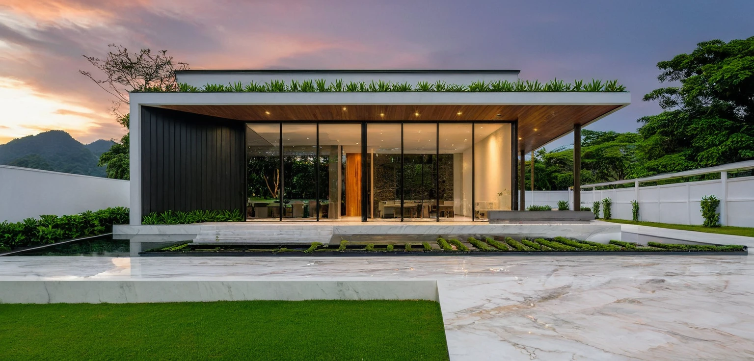 masterpiece, best quality, exterior design, (sunset), single 1 storie modern house on the Vietnam village, marble, steel, modern dark tiled granite and white walls facade, wooden ceiling, large glass, minimalist modern style, green shrubs and tropical tree background, large door and windows.
