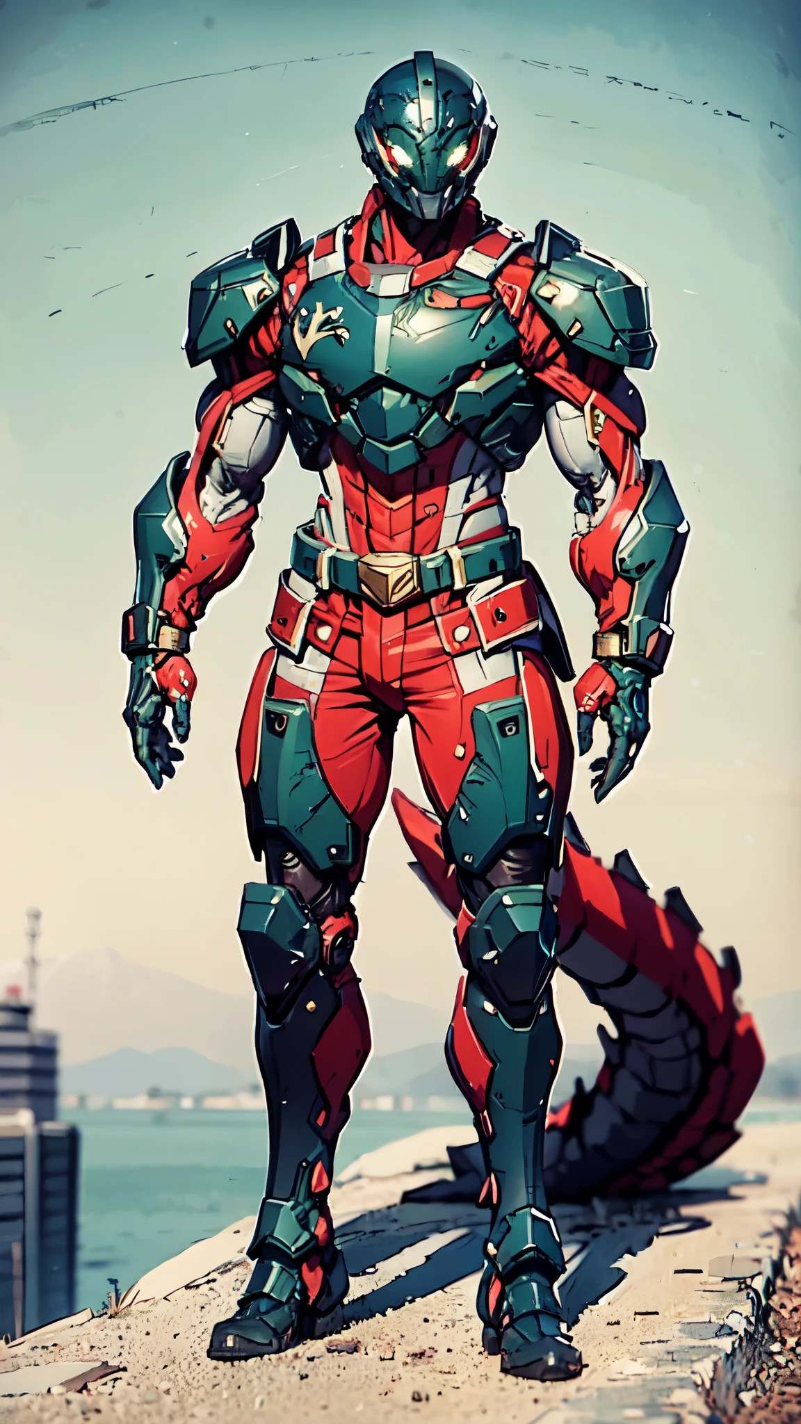 A man wearing a full-face helmet, a fantasy-style biotech armored combat suit, green eyes, (a composite layered chest armor), fully enclosed shoulder guards, matching arm and leg guards, the belt is adorned with dragon claw grasping orbs, (the color scheme is primarily black with red accents), the design balances heavy with agility, a high-tech bio-mecha armor, (Armor Concept Inspired by Dragons, stand on the top of a skyscraper in a futuristic sci-fi city), this character embodies a finely crafted fantasy-surreal style armored hero in anime style, exquisite and mature manga art style, (element, plasma, energy, the armor glows), ((male:1.5)), metallic, real texture material, dramatic, high definition, best quality, highres, ultra-detailed, ultra-fine painting, extremely delicate, professional, perfect body proportions, golden ratio, anatomically correct, symmetrical face, extremely detailed eyes and face, high quality eyes, creativity, RAW photo, UHD, 32k, Natural light, cinematic lighting, masterpiece-anatomy-perfect, masterpiece:1.5