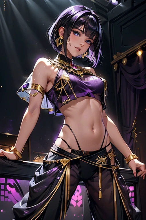 #Basics A girl is posing for a photo, animeのかわいい女の子, (((One Girl, , Young girs old))), 
bhing Accessories 
(((Purple on black)Tribal style with gold ornament(thin, See-through harem pants)Dance Costumes:1.6) + thin black elbow gloves with plenty of gold embellishment + Black Long Veil + Black high heels with gold embellishments + Gold Tiara), ((gold fancy bracelet, Gold Hoop Earrings, Fancy Gold Necklace)), ((Black collar)), 
break 

#Features 
((Black Hair:1.4 (Bobcut:1.4)), 
(Droopy eyes,blue eyes), (Small breasts),  
break 

#background environment 
((Dance stage illuminated by spotlights:1.4)), 
#Facial Expression Pose
((Wicked Smile), (She performs a dynamic and captivating dance.)), 
#composition 
((To the camera, Angle from the front, head shot)), 
break 

#Body parts elements 
(Detailed Hair, Beautiful Hair, Shiny Hair), 
(double eyelid, Long eyelashes), 
(Expression of fine eyes, Beautiful and delicate eyes, Sparkling eyes, Eye Reflexes, Glitter Eyeliner), 
(Human Ear), 
(Beautiful Nose, Thin Nose), 
(Glossy Lips, Beautiful Lips, Thick lips, Glossy Lips, Natural Cheeks), 
(Detailed face, Symmetrical facial features), 
(Detailed skin, Textured skin, Beautiful Skin, Shiny skin), 
break 

#quality 
(((最高quality)), ((masterpiece)), ((Very detailed))), ((High resolution), (16K,1080P)), 
(Realistic), (Anatomically correct), 
((comics, anime)), (3DCG), CG illustration,
