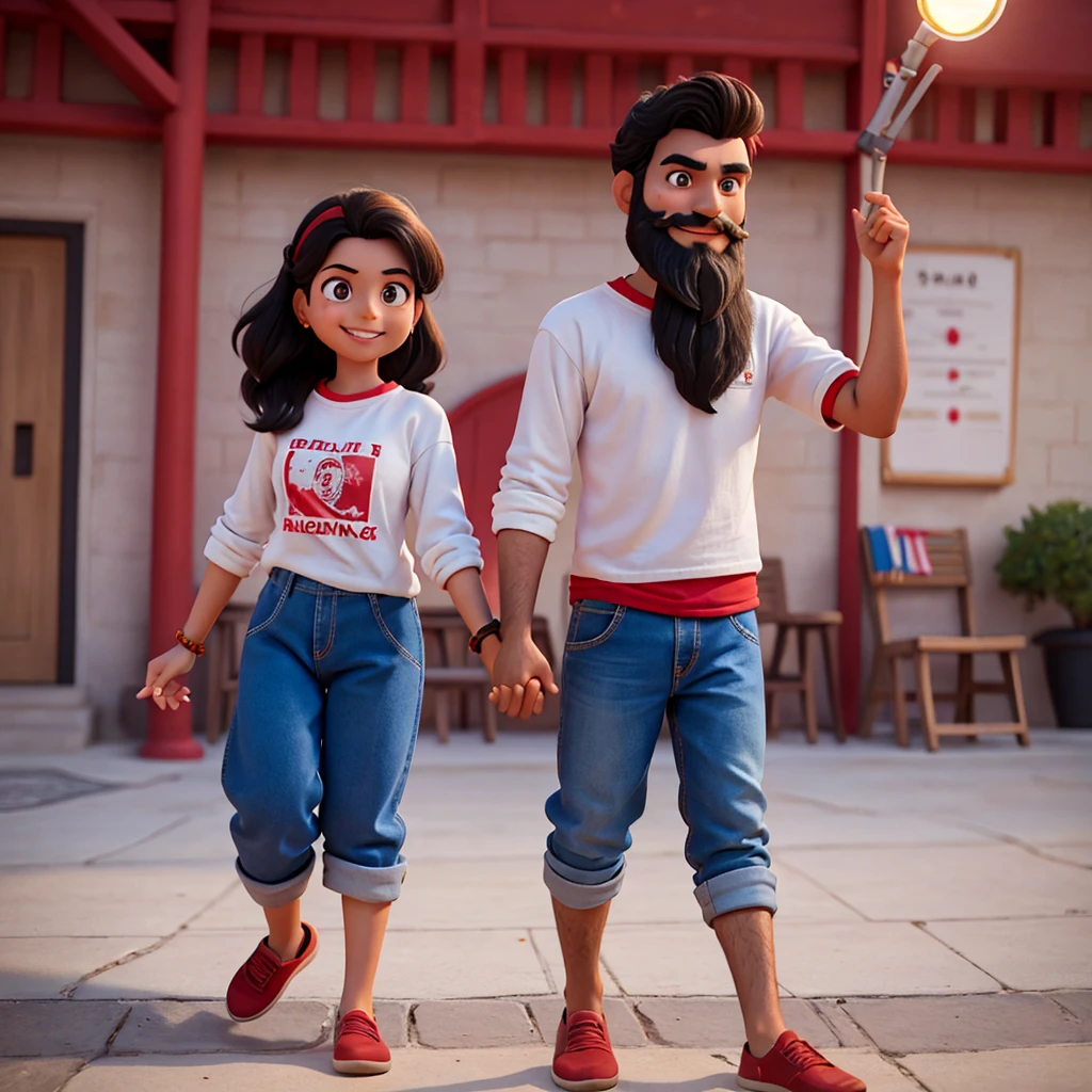 hand holding picture of a Indian couple, medium length wavy hairstyle, full black hair, full black beard, Watching a kabaddi match
, Boy with grey full sleeve t shirt blue track pants, Boy having shiny yellow and red thread in his hand, Girl pink t shirt tucked in written freedom and blue jean, cinematic Lighting, Girl having red and black thread in her hand and copper colour watch, looking at the camera, smiling and happy expressions