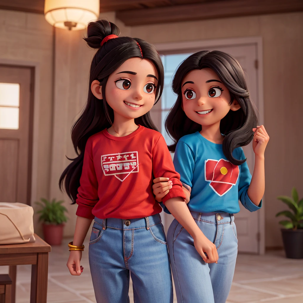 hand holding picture of a Indian couple, medium length wavy hairstyle, full black hair, full black beard, Watching a kabaddi match
, Boy with grey full sleeve t shirt blue track pants, Boy having shiny yellow and red thread in his hand, Girl pink t shirt tucked in written freedom and blue jean, cinematic Lighting, Girl having red and black thread in her hand and copper colour watch, looking at the camera, smiling and happy expressions