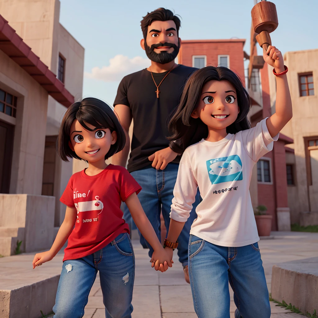 hand holding picture of a Indian couple, medium length wavy hairstyle, full black hair, full black beard, Watching a kabaddi match
, Boy with grey full sleeve t shirt blue track pants, Boy having shiny yellow and red thread in his hand, Girl pink t shirt tucked in written freedom and blue jean, cinematic Lighting, Girl having red and black thread in her hand and copper colour watch, looking at the camera, smiling and happy expressions