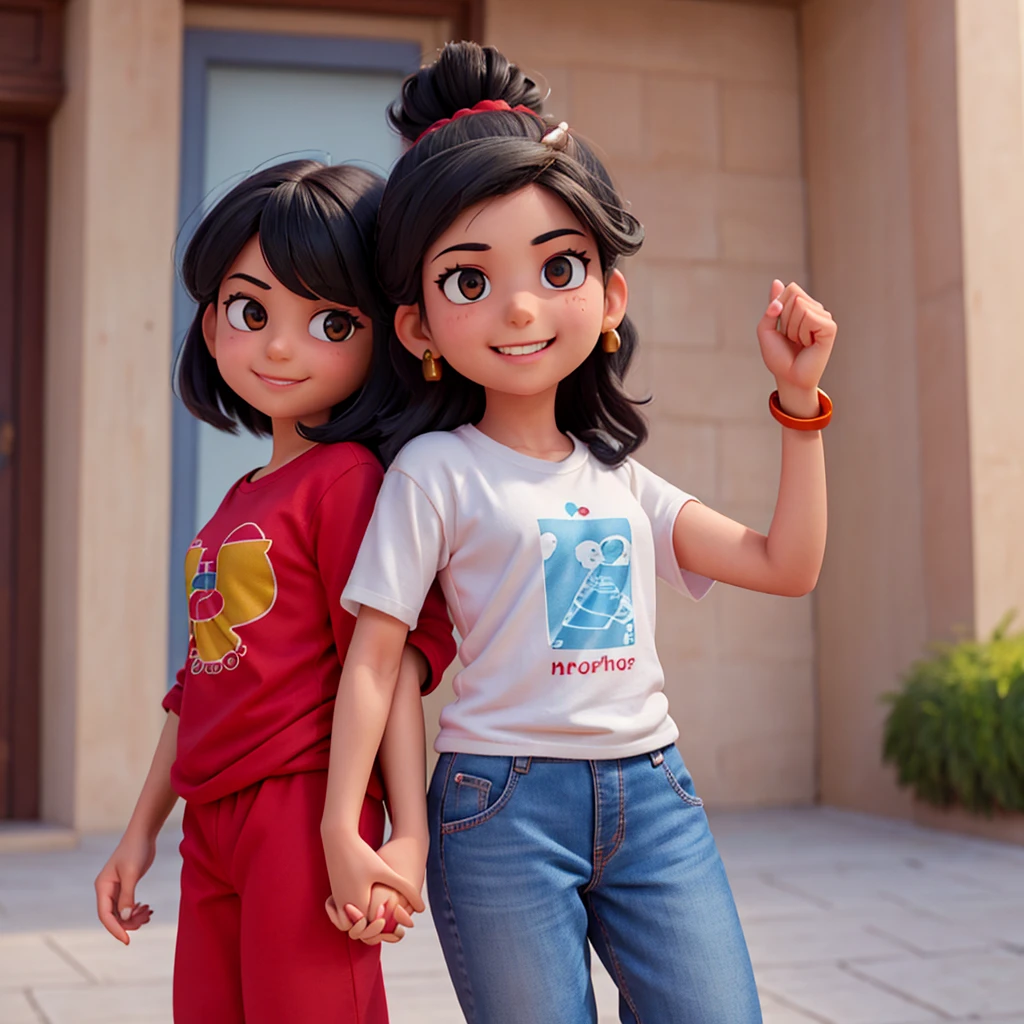 hand holding picture of a Indian couple, medium length wavy hairstyle, full black hair, full black beard, Watching a kabaddi match
, Boy with grey full sleeve t shirt blue track pants, Boy having shiny yellow and red thread in his hand, Girl pink t shirt tucked in written freedom and blue jean, cinematic Lighting, Girl having red and black thread in her hand and copper colour watch, looking at the camera, smiling and happy expressions