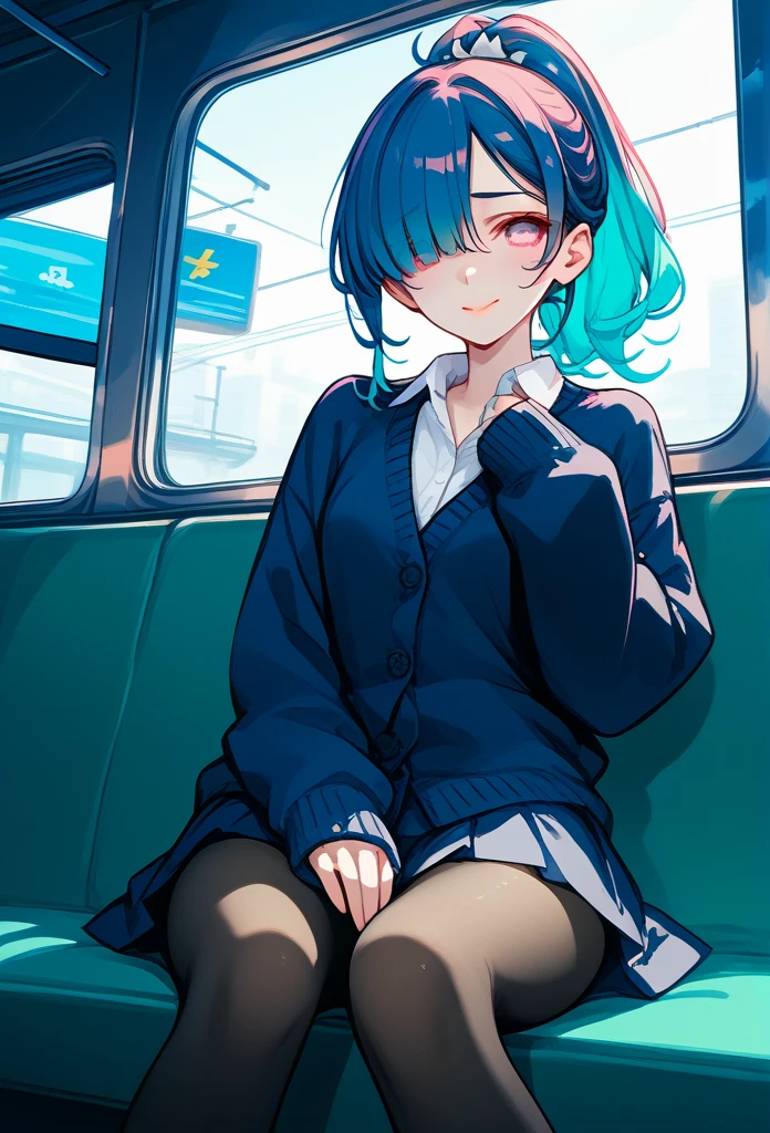 mature woman, mature face, pink eyes, shy expression, shy face, nervous smile, glossy lips, ponytail hair, (blue hair color, pink gradient hair color, azure color hair), bangs covering left eye, left blinding bangs hairstyle, mature body, small breasts, dark blue cardigan, open cardigan, white shirt, short skirt, navy color skirt, pantyhose, sitting in train, bullet train, tokyo through windows, windows behind, above view