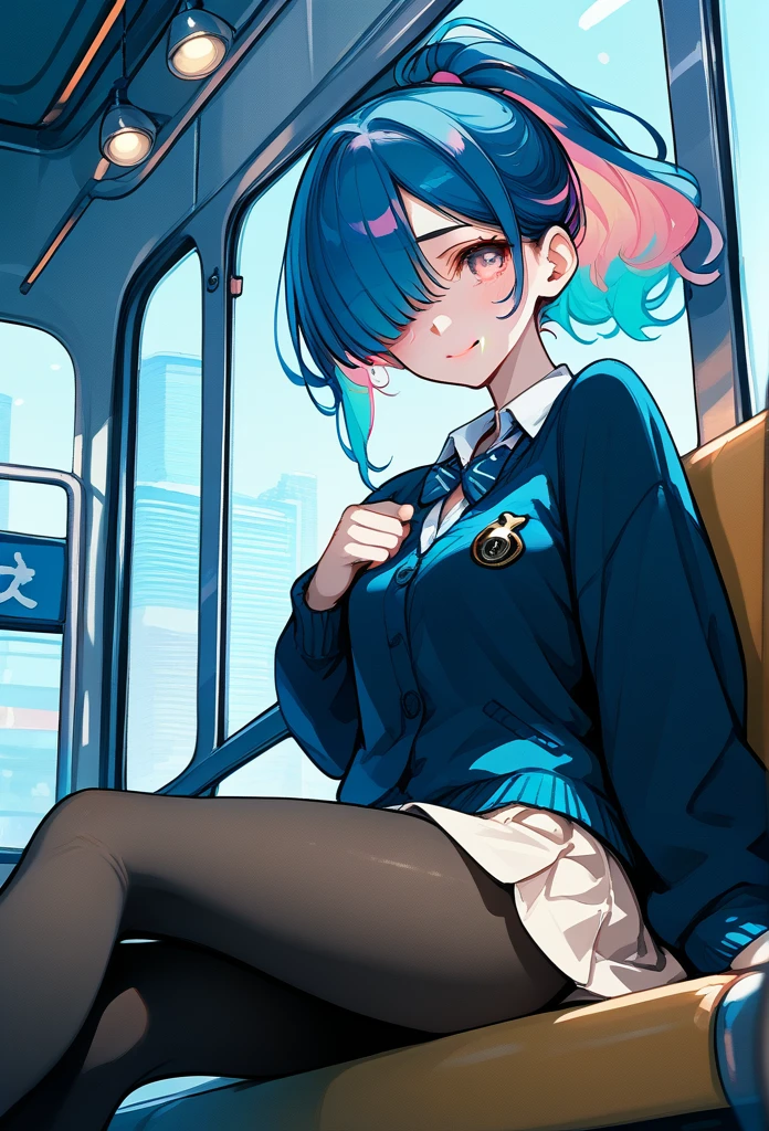 mature woman, mature face, pink eyes, shy expression, shy face, nervous smile, glossy lips, ponytail hair, (blue hair color, pink gradient hair color, azure color hair), bangs covering left eye, left blinding bangs hairstyle, mature body, small breasts, dark blue cardigan, short skirt, navy color skirt, pantyhose, sitting in train, bullet train, tokyo through windows, windows behind