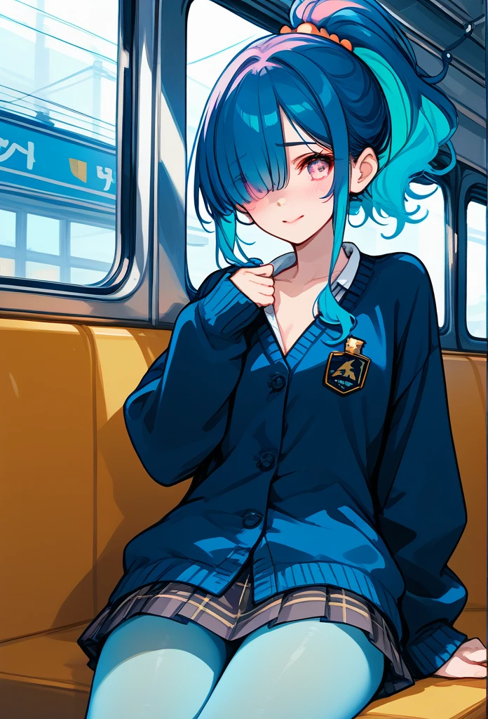 mature woman, mature face, pink eyes, shy expression, shy face, nervous smile, glossy lips, ponytail hair, (blue hair color, pink gradient hair color, azure color hair), bangs covering left eye, left blinding bangs hairstyle, mature body, small breasts, dark blue cardigan, short skirt, navy color skirt, pantyhose, sitting in train, bullet train, tokyo through windows, windows behind