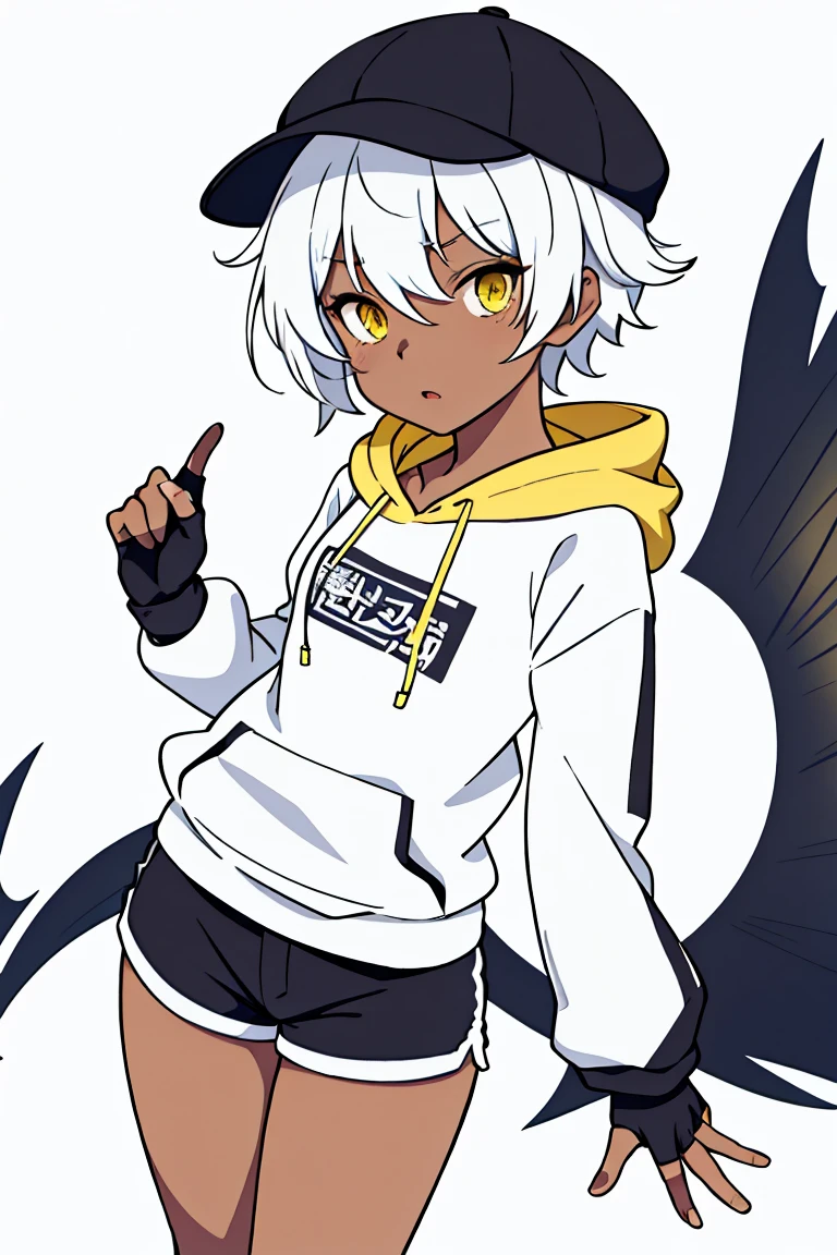 tsunako, 1girl, tomboy, hat, pixie cut, dark skin female, flat chest, shirt, open hoodie, shorts, fingerless gloves, white hair, yellow eyes