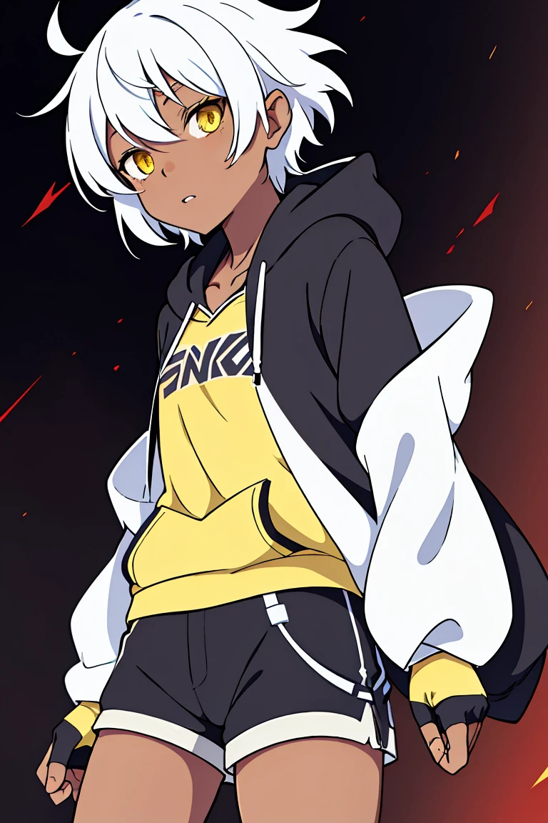 tsunako, 1girl, tomboy, hat, pixie cut, dark skin female, flat chest, shirt, open hoodie, shorts, fingerless gloves, white hair, yellow eyes