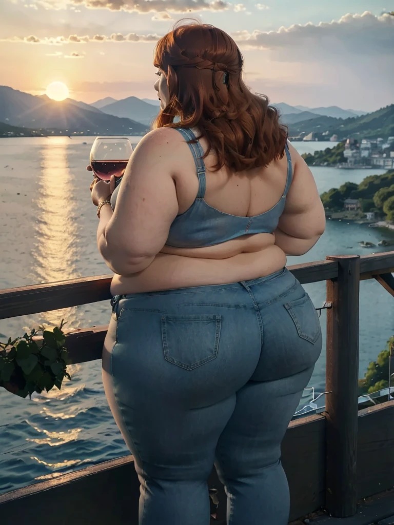 A backview photo of a Beautiful ginger SSBBW, with long wavy light Brownish-ginger hair, freckled body with big soft fat belly, thicc fat arms, very thicc wide legs, huge obese booty in tight short jeans, and cute loose blue top standing on a cruise, crusie side next to a cruise fence on a vacation, holding a glass of wine while looking to the water in a lake watching the sunset behind the hills