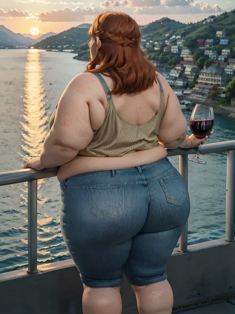 A backview photo of a Beautiful ginger SSBBW, with long wavy light Brownish-ginger hair, freckled body with big soft fat belly, thicc fat arms, very thicc wide legs, huge obese booty in tight short jeans, and cute loose blue top standing on a cruise, crusie side next to a cruise fence on a vacation, holding a glass of wine while looking to the water in a lake watching the sunset behind the hills