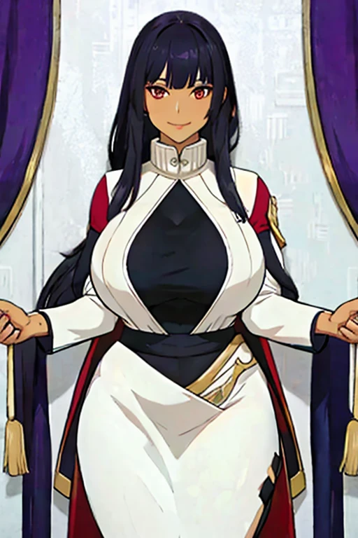 [a handsome, sexy mature woman with a seductive smile and parted lips stands against a white background. darkskin, She has sharp eyelashes, eyes browns, and long black hair with bangs. His figure is voluptuous, with a narrow waist, Broad Hips, and huge breasts. The image has an impact, Genshin-inspired style, rendered in high detail and HDR quality as a stunning work of art.]