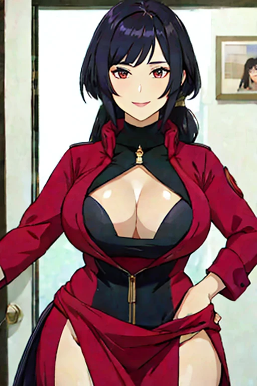 [a handsome, sexy mature woman with a seductive smile and parted lips stands against a white background. darkskin, She has sharp eyelashes, eyes browns, and long black hair with bangs. His figure is voluptuous, with a narrow waist, Broad Hips, and huge breasts. The image has an impact, Genshin-inspired style, rendered in high detail and HDR quality as a stunning work of art.]