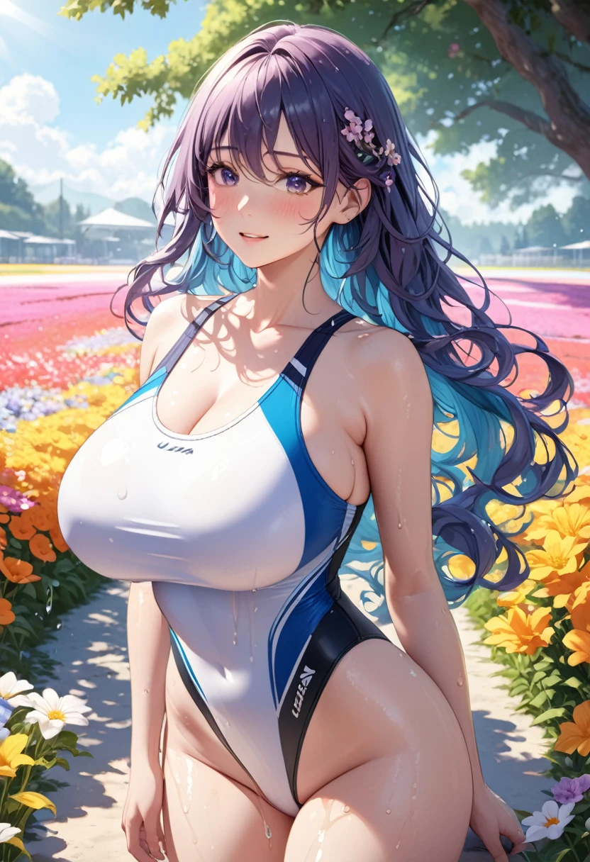 NSFW , ultra detailed, hyper detailed, best quality, highres, 4K, field of flowers, , looking at viewer, puzzled, happy,   , shy, very long hair, wave hair, gradient hair, tall, slender,huge breasts, beautiful breasts , competition swimsuit, ,wet,  dappled sunlight, 