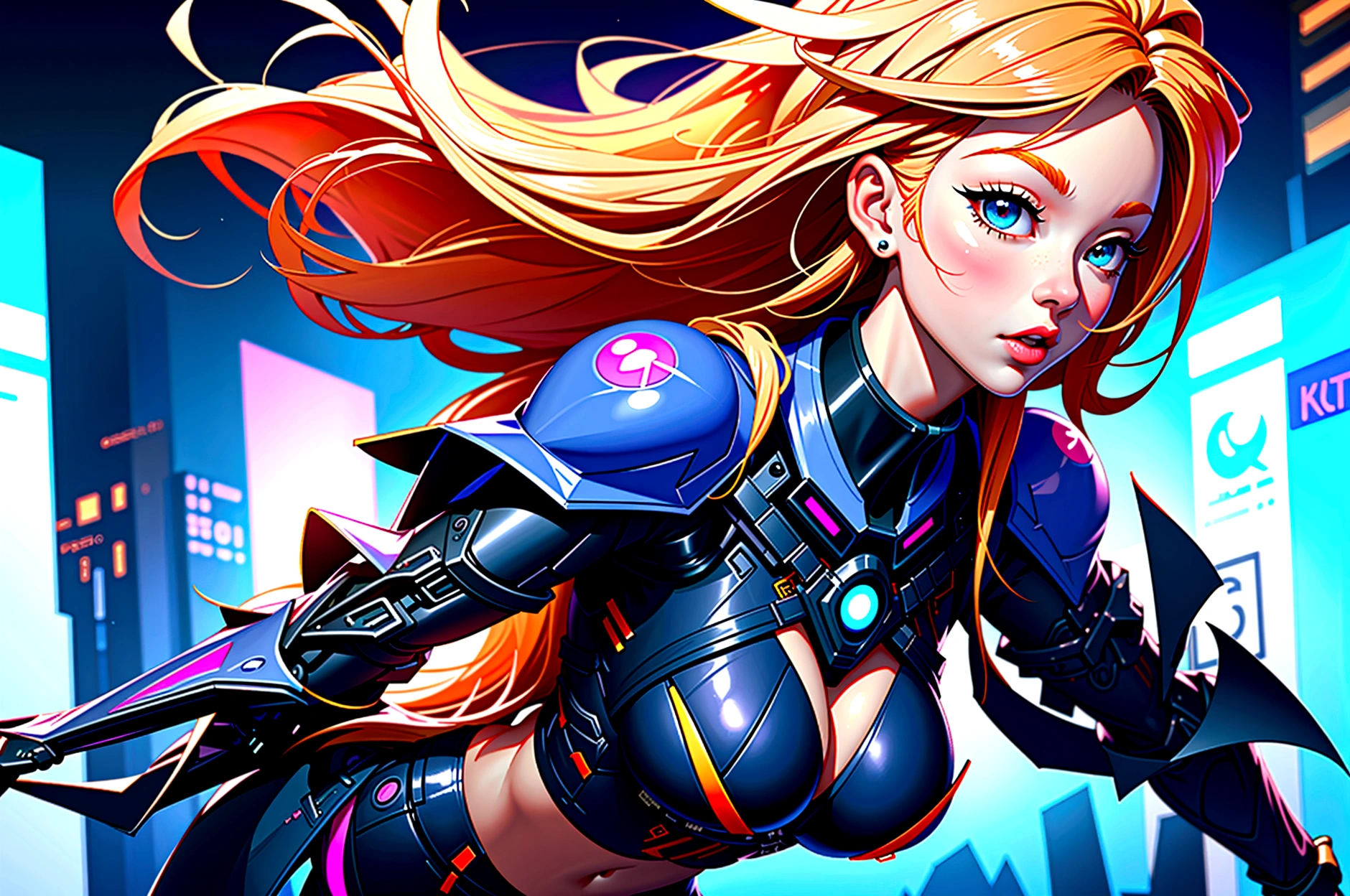Midnight、Beautiful woman with long orange hair、超Big Breasts、Action Shots、Open chest、Big Breasts、Futuristic city with colorful neon lights