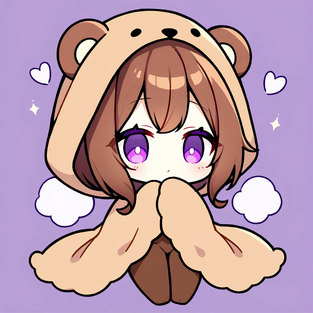 masterpiece, (Highest quality), ((Most detailed)), Brown Hair、Bear ear hood、Wearing a bear hood、whole body、Chibi Character、２Head to Body、Wearing a brown bear hoodie、Bear Ears、Purple Eyes、Purple solid background、Illustration icon、Brown long hair、Fluffy brown hoodie、Wave、Bear hooded blanket、茶色のwhole bodyモコモコの服、Holding a stuffed bear