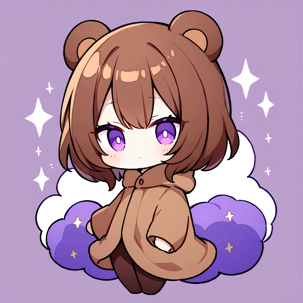 masterpiece, (Highest quality), ((Most detailed)), Brown Hair、Bear ear hood、Wearing a bear hood、whole body、Chibi Character、２Head to Body、Wearing a brown bear hoodie、Bear Ears、Purple Eyes、Purple solid background、Illustration icon、Brown long hair、Fluffy brown hoodie、Wave、Bear hooded blanket、茶色のwhole bodyモコモコの服、Holding a stuffed bear