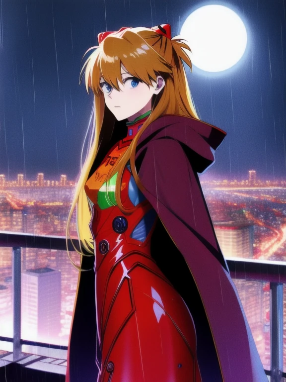 Asuka Langley ,masterpiece, best quality,,city,cyperpunk,night,rain,moon, hooded cloak, cape