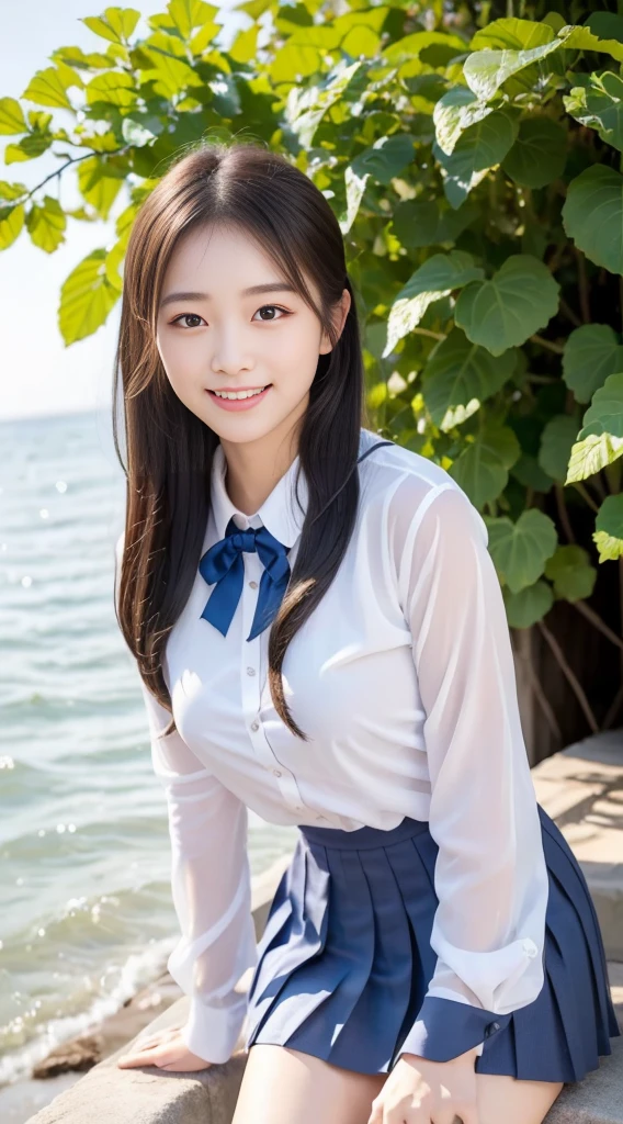 (Highest quality、Ultra-high resolution、８ｋ、masterpiece:1.3)、Beautiful woman with perfect figure:1.4、Black Hair、Slicked back hairstyle、((((School Uniform))))、(Pleated skirt)、Ultra mini skirt、（(((Angle from below)))、cute、Highly detailed face and skin、Detailed eyes、Shiny thighs、double eyelid、Thin legs、The best smile、(((１people)))、Beautiful views、（Ocean）、（Sandy Beach）、beautiful place、The best smile、Extraordinary beauty、Age: 16、Perfect Proportions、whole body、((blue sky))、Baby Face、Touch your hair with your hands、The wind is blowing、