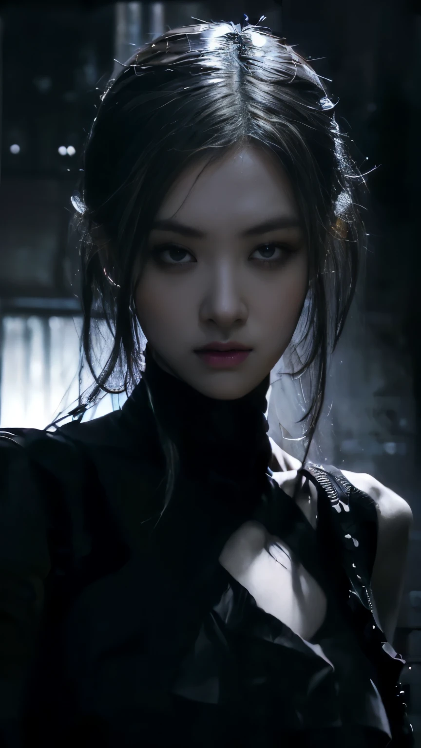 (best quality, highres:1.2), realistic, black dress, black hair, dark theme, black background, dark ninja, intense gaze, elegant posture, flowing dress, detailed facial features, long eyelashes, contrast, fine details, dramatic atmosphere, gothic style, intense emotions, monochrome color palette, captivating setting, haunting beauty, artistic photography, everything is black
