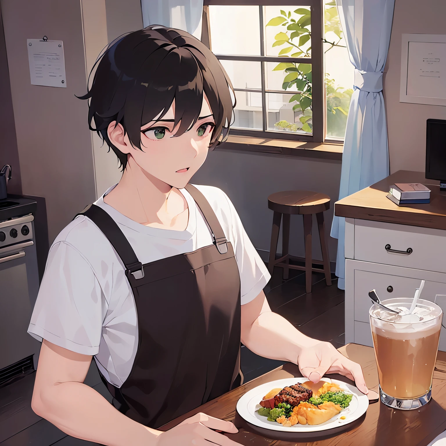 upper body,(looking away:1.5),shiny skin,masterpiece、Highest quality、(25-year-old male:1.5) and (Brown short hair) and (Green Eyes),(whiteTshirt:1.5),The background is the living room,(alone:1.5)、open mouth,apron、laundry