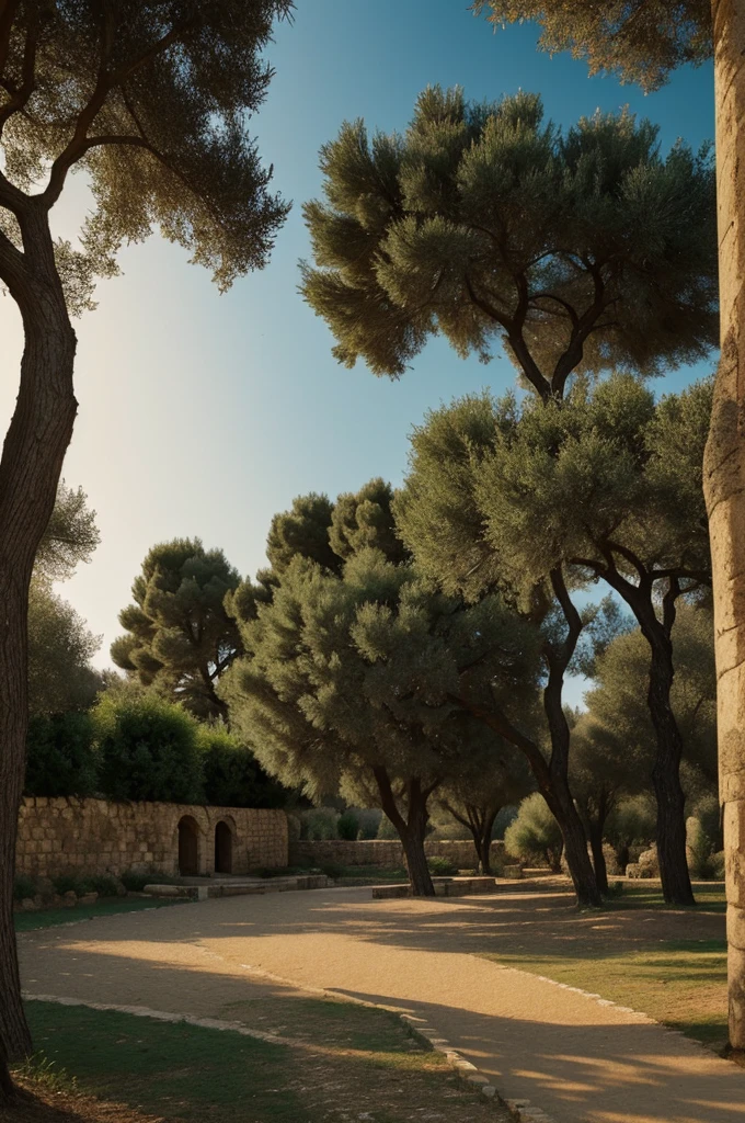 Make the Garden of Gethsemane, desolate without people, in the place where Jesus prayed, let it be at night, but there is not a single person, I want its characteristic trees to appear, and make it a style like hand painted by Michelangelo