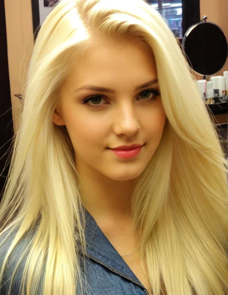 very attractive 25 year old girl with long platinum blonde hair, at the hairdressers, photo quality
