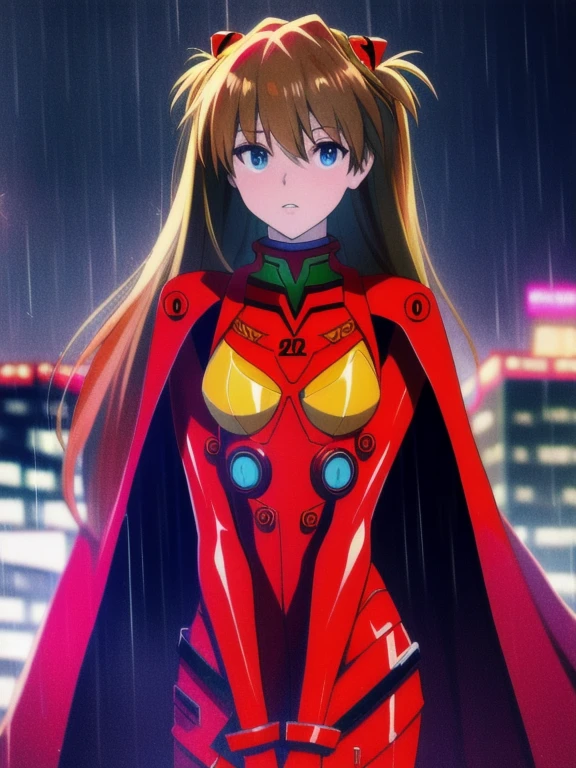Asuka Langley ,masterpiece, best quality,,city,cyperpunk,night,rain,moon, cloak, cape, cape shoulders and arms