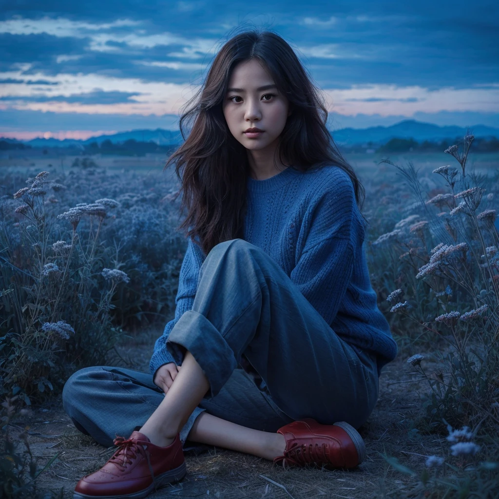 real potrait, full body, Longshot, a Korean woman with long hair wearing a blue sweater, wear trousers, wearing red shoes, sitting on a field full of weeds, evening sky, face facing forward, intricate details