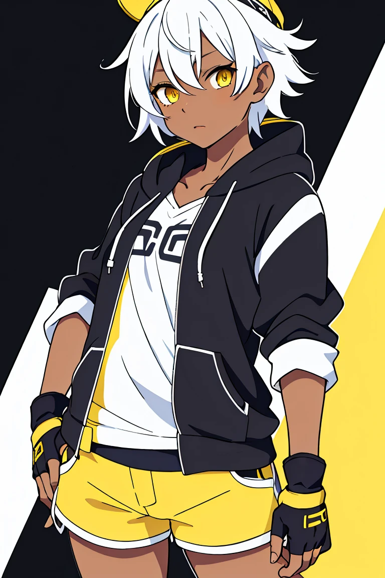 tsunako, 1girl, tomboy, hat, pixie cut, dark skin female, flat chest, shirt, open hoodie, shorts, fingerless gloves, white hair, two tone hair, yellow eyes