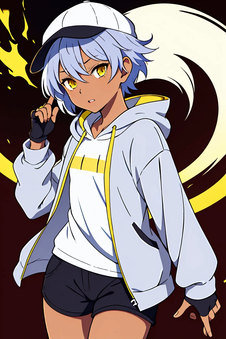 tsunako, 1girl, tomboy, hat, pixie cut, dark skin female, flat chest, shirt, open hoodie, shorts, fingerless gloves, white hair, two tone hair, yellow eyes