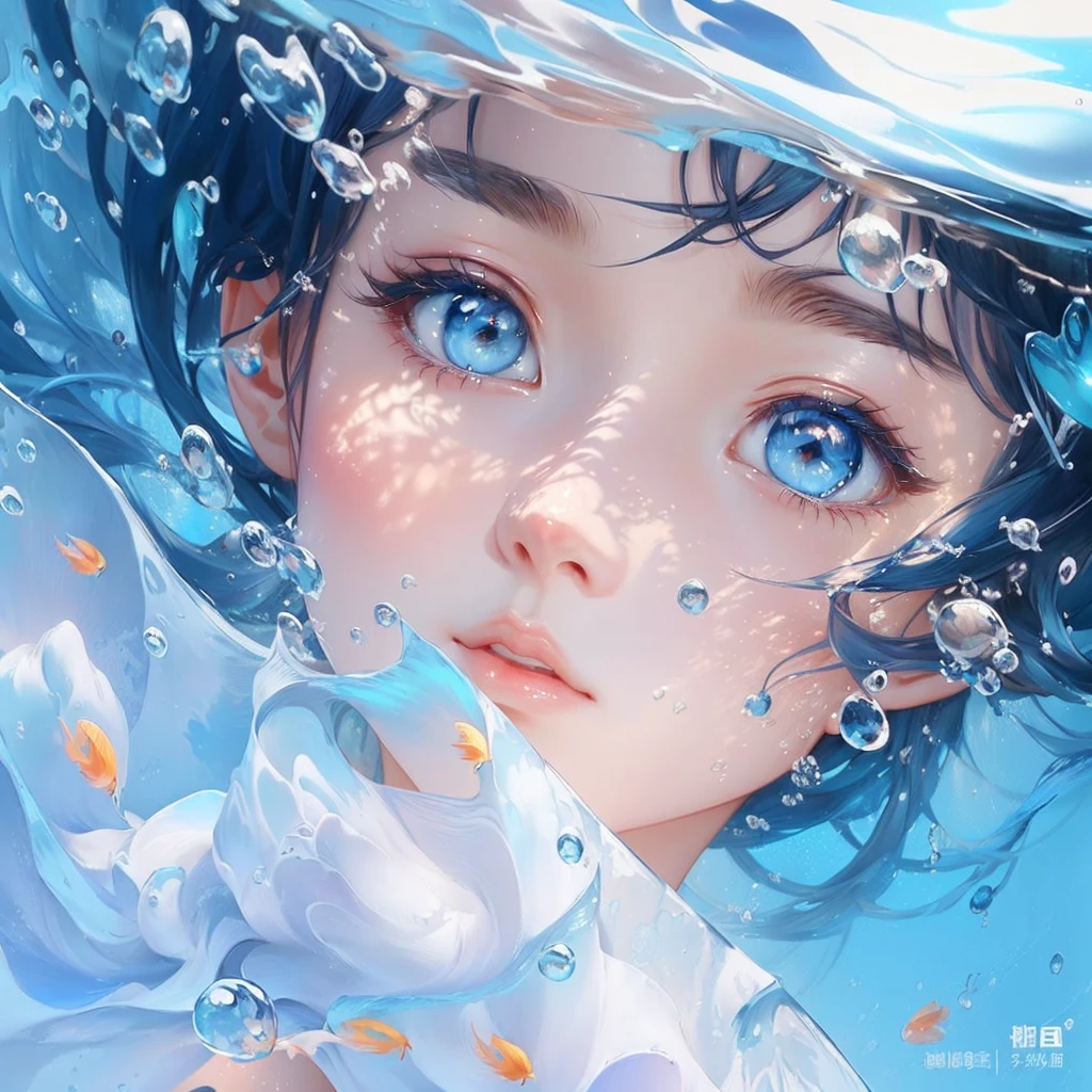 Anime girl with blue eyes and blue hat under water, artwork in the style of Guweizu, Cheng Yanjun, Beautiful digital illustration, blue water wet eyes, a beautiful work of art illustration, Clean and detailed animated art, watery eyes, by Yuumei, beautiful digital artwork, azure blue water wet eyes, Guweizu, beautiful work of art