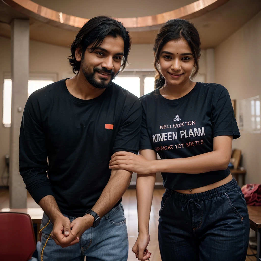 hand holding picture of a Indian couple, medium length wavy hairstyle, full black hair, full black beard, Watching a kabaddi match
, Boy with grey full sleeve t shirt blue track pants, Boy having shiny yellow and red thread in his hand, Girl pink t shirt tucked in written freedom and blue jean, cinematic Lighting, Girl having red and black thread in her hand and copper colour watch, looking at the camera, smiling and happy expressions