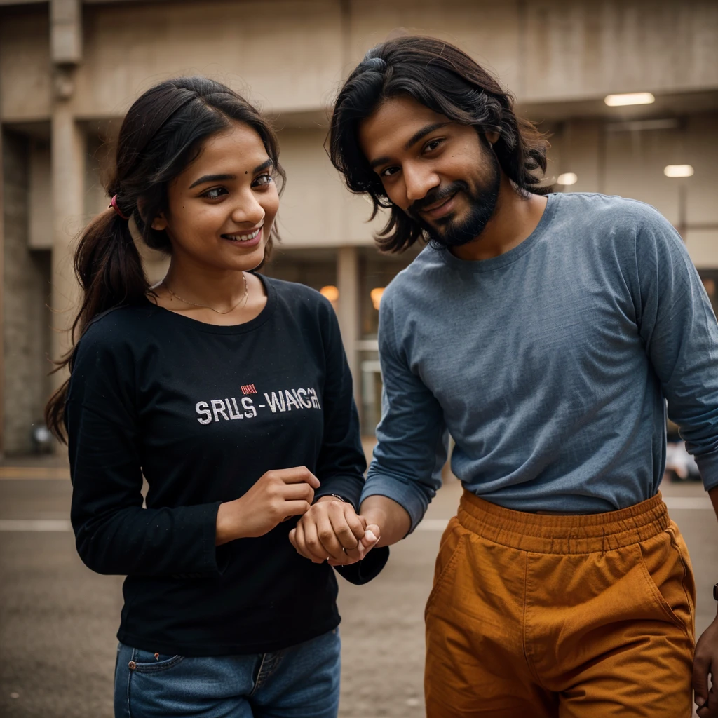 hand holding picture of a Indian couple, medium length wavy hairstyle, full black hair, full black beard, Watching a kabaddi match
, Boy with grey full sleeve t shirt blue track pants, Boy having shiny yellow and red thread in his hand, Girl pink t shirt tucked in written freedom and blue jean, cinematic Lighting, Girl having red and black thread in her hand and copper colour watch, looking at the camera, smiling and happy expressions