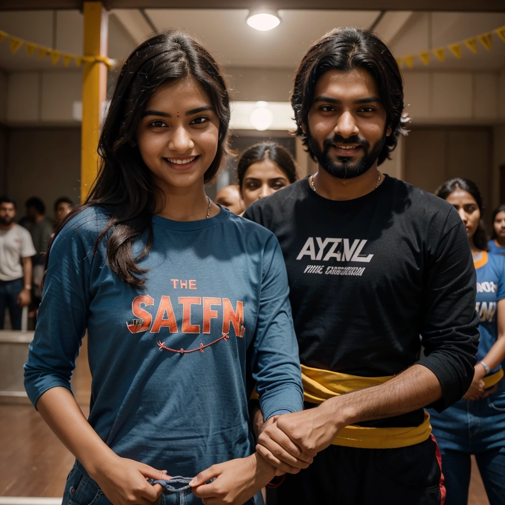 hand holding picture of a Indian couple, medium length wavy hairstyle, full black hair, full black beard, Watching a kabaddi match
, Boy with grey full sleeve t shirt blue track pants, Boy having shiny yellow and red thread in his hand, Girl pink t shirt tucked in written freedom and blue jean, cinematic Lighting, Girl having red and black thread in her hand and copper colour watch, looking at the camera, smiling and happy expressions