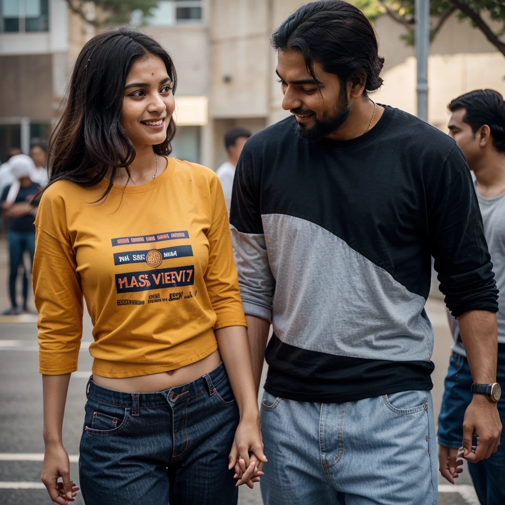 hand holding picture of a Indian couple, medium length wavy hairstyle, full black hair, full black beard, Watching a kabaddi match
, Boy with grey full sleeve t shirt blue track pants, Boy having shiny yellow and red thread in his hand, Girl pink t shirt tucked in written freedom and blue jean, cinematic Lighting, Girl having red and black thread in her hand and copper colour watch, looking at the camera, smiling and happy expressions