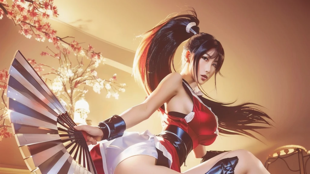 4k quality, anime girl with a fan and a red outfit on, mai shiranui, yoko matsugane as mai shiranui, akali, bian lian, inspired by Ju Lian, seductive tifa lockhart portrait, portrait of tifa lockhart, tifa, style artgerm, ahri, artgerm and ruan jia, extremely detailed artgerm, White skin,knees,Absurd,Small face,