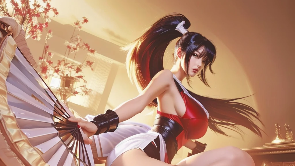 4k quality, anime girl with a fan and a red outfit on, mai shiranui, yoko matsugane as mai shiranui, akali, bian lian, inspired by Ju Lian, seductive tifa lockhart portrait, portrait of tifa lockhart, tifa, style artgerm, ahri, artgerm and ruan jia, extremely detailed artgerm, White skin,knees,Absurd,Small face,